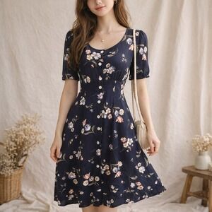 VTG 90s Ultimate Blues Floral Midi Dress 9 Made in USA Rayon‎ Button Front Navy
